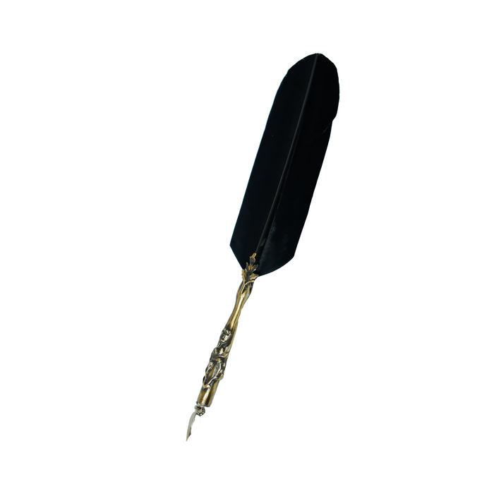 Le Potier D'Etain Feather Ink Quills with bronze flower detail and black feathers for calligraphy and writing.