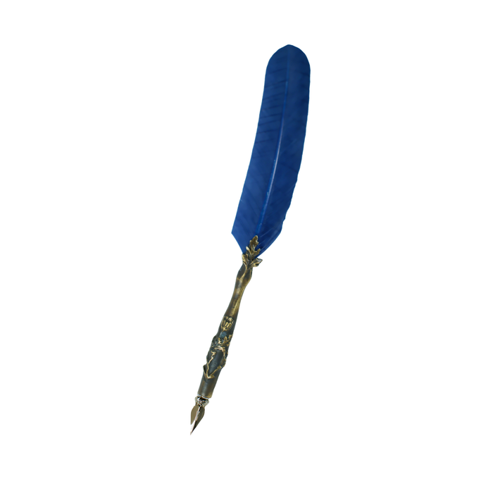 Le Potier D'Etain feather ink quills with bronze flower accents and blue feathers for elegant writing and calligraphy.