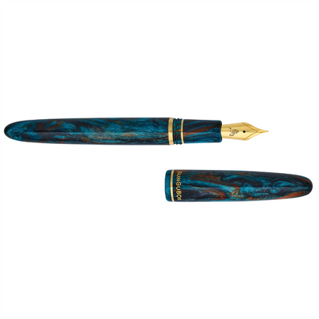 Esterbrook x BUNGUBOX Kingfisher Limited Edition Estie fountain pen with intricate blue and gold design, viewed from the back.