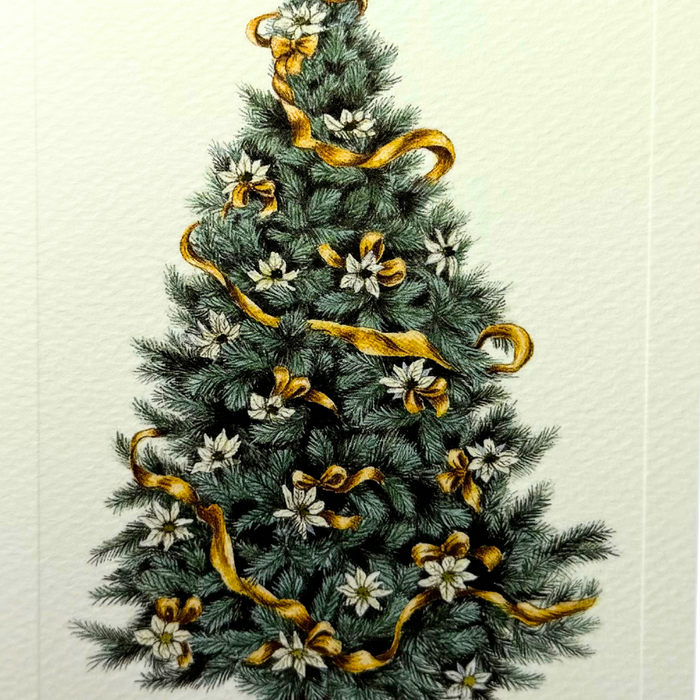 Gold-embellished Christmas Card featuring a decorated Christmas tree with magnolia accents by Rossi