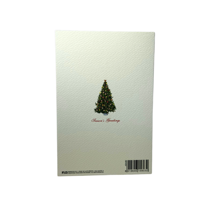 Gold-foiled Christmas card featuring a decorated Christmas tree with magnolia accents from Rossi.