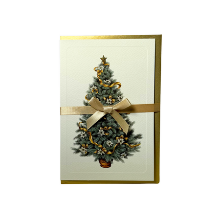 Rossi Christmas Card featuring a festive gold-embellished Christmas tree with magnolia flowers design.