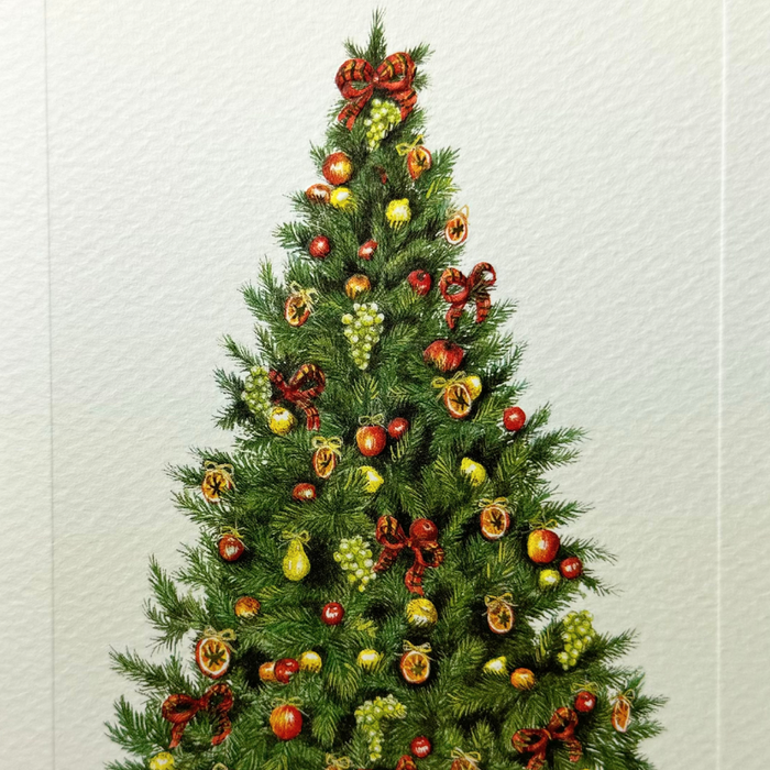 Rossi Christmas Cards featuring a festive Christmas tree decorated with colorful fruit and magnolia accents.