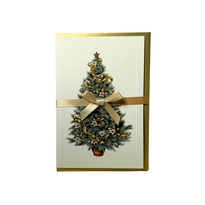 Rossi Christmas Card featuring a festive gold-embellished Christmas tree with magnolia flowers design.