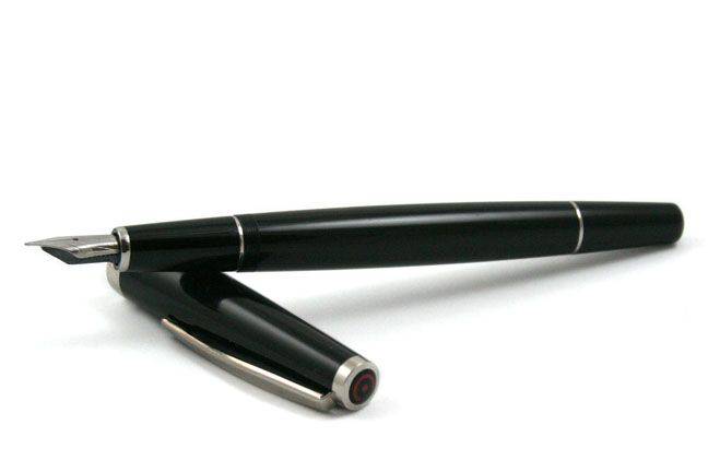 Cleo Skribent Classic Palladium fountain pen with black lacquer finish and extra-fine nib, cartridge/converter style.