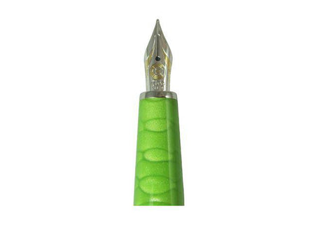 Cleo Skribent Aura fountain pen with green Mamba resin body and extra-fine nib, showcasing elegant design and craftsmanship.