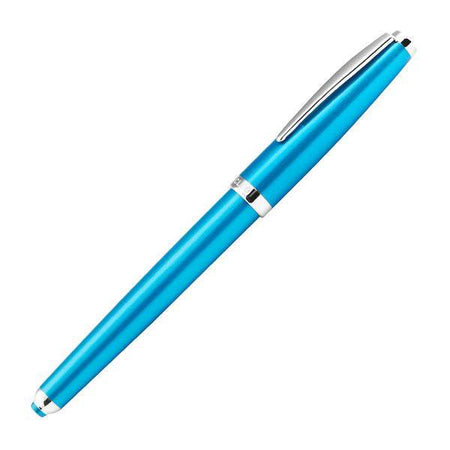 Cleo Skribent Cleo Colour blue fountain pen with fine nib, showcasing smooth blue ink and elegant pen design.