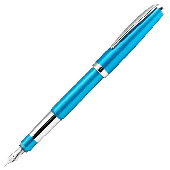 Cleo Skribent Cleo Colour blue fountain pen with fine nib, showcasing sleek design and vibrant blue ink.