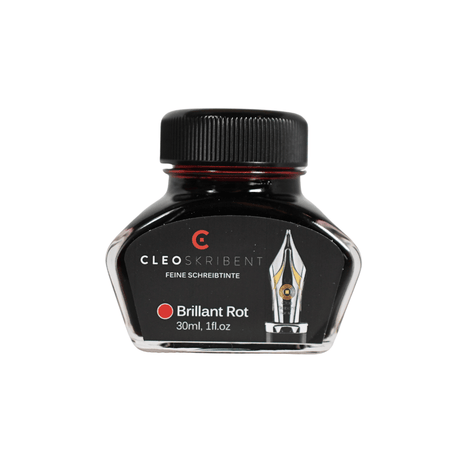 Cleo Skribent bottled fountain pen ink in Brilliant Red, showcasing a glass ink bottle with vibrant red ink inside.