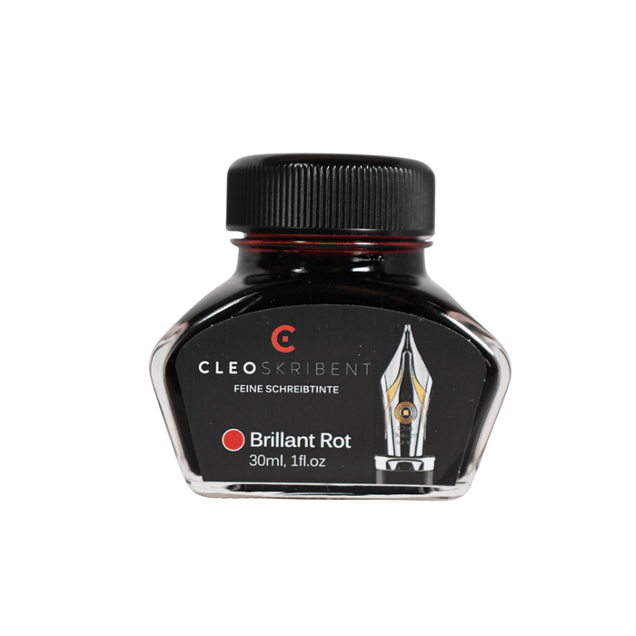 Cleo Skribent bottled fountain pen ink in Brilliant Red, showcasing a glass ink bottle with vibrant red ink inside.