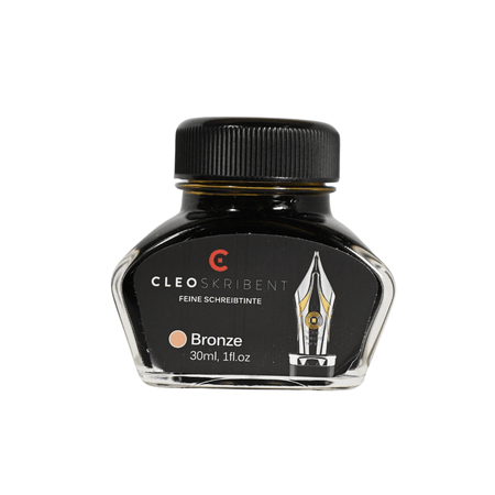 Cleo Skribent bronze bottled fountain pen ink in a glass ink bottle with a black cap, suitable for calligraphy and writing.