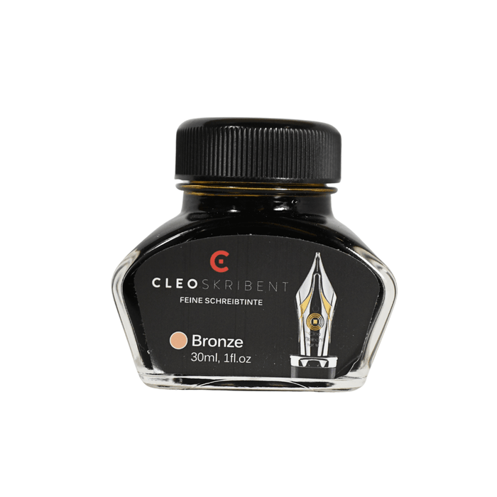 Cleo Skribent bronze bottled fountain pen ink in a glass ink bottle with a black cap, suitable for calligraphy and writing.