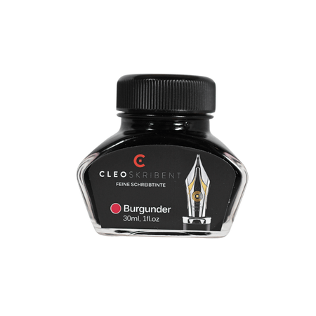 Cleo Skribent bottled fountain pen ink in Burgundy, showing a glass ink bottle with a label and burgundy-colored ink inside.