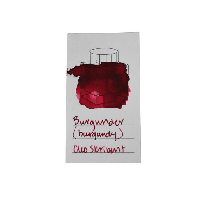 Cleo Skribent bottled fountain pen ink in Burgundy, featuring a glass ink bottle with burgundy-colored ink inside.