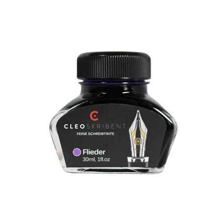 Cleo Skribent bottled fountain pen ink in Flieder Lilac color, glass ink bottle with a white screw cap and colorful label.