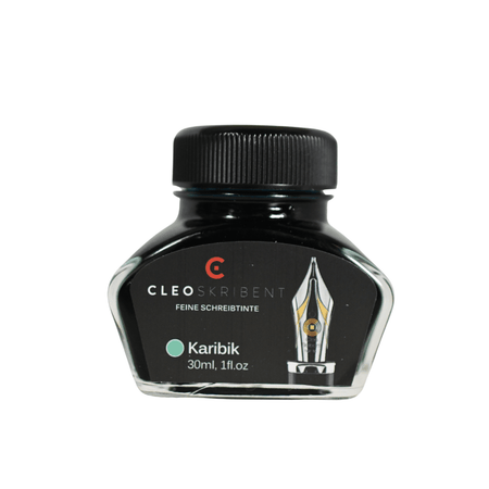 Cleo Skribent bottled fountain pen ink in Karibik Caribbean color, showcasing a glass ink bottle with blue ink inside.