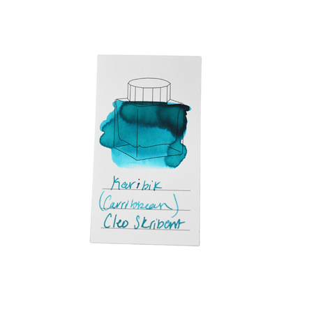 Cleo Skribent bottled fountain pen ink in Karibik Caribbean color, shown in a clear ink bottle with a black cap.