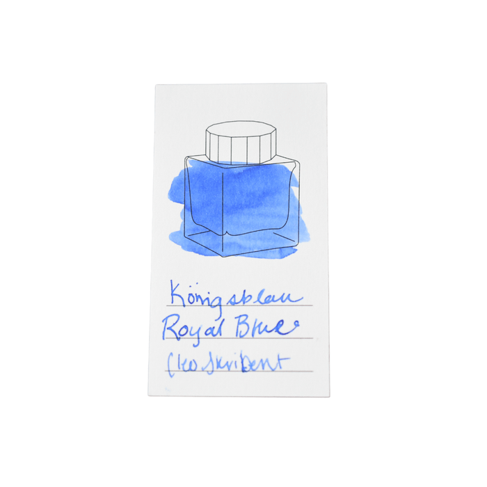 Cleo Skribent bottled fountain pen ink in Konigsblau, royal blue color, with a clear glass ink bottle and blue ink inside.