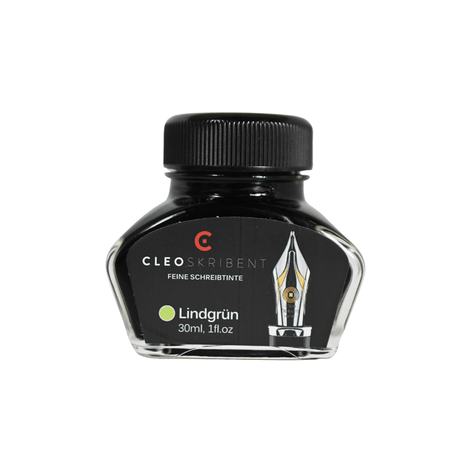 Cleo Skribent bottled fountain pen ink in Lindgrun lime green, showing the green ink bottle with label and cap.