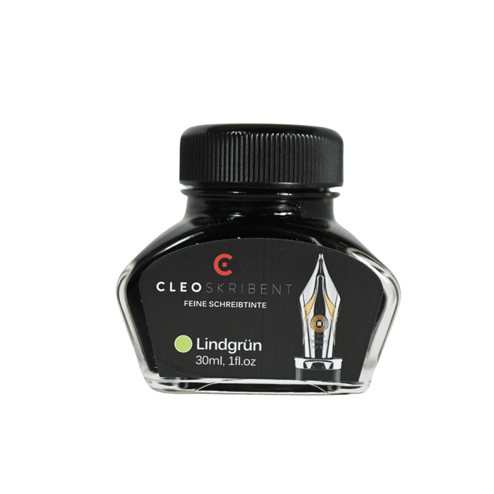 Cleo Skribent bottled fountain pen ink in Lindgrun lime green, showing the green ink bottle with label and cap.