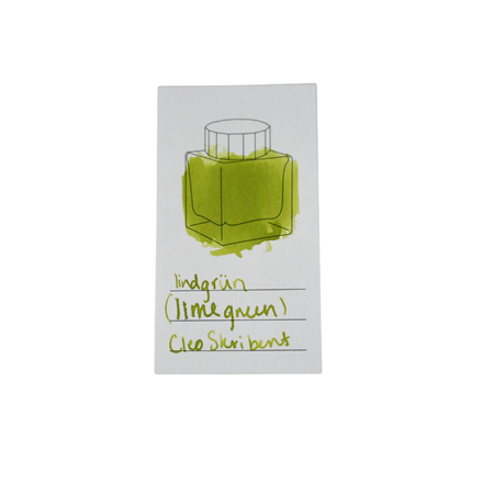Cleo Skribent bottled fountain pen ink in Lindgrun lime green, shown in a clear ink bottle with the ink visible inside.