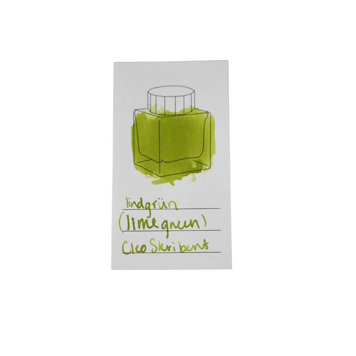 Cleo Skribent bottled fountain pen ink in Lindgrun lime green, shown in a clear ink bottle with the ink visible inside.