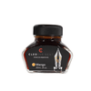 Cleo Skribent bottled fountain pen ink in mango color, shown in a glass ink bottle with label and vibrant orange ink inside.