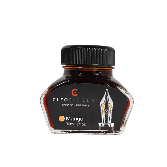 Cleo Skribent bottled fountain pen ink in mango color, shown in a glass ink bottle with label and vibrant orange ink inside.
