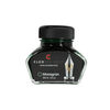 Cleo Skribent bottled fountain pen ink in Moosgrun moss green, shown in a clear ink bottle with a black cap.
