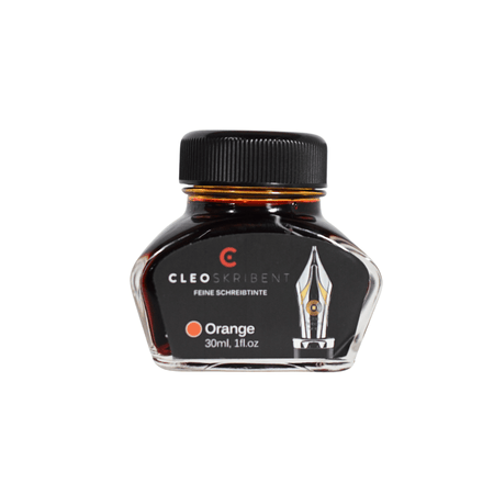 Cleo Skribent bottled fountain pen ink in vibrant orange, featuring a glass ink bottle with a black cap and label.
