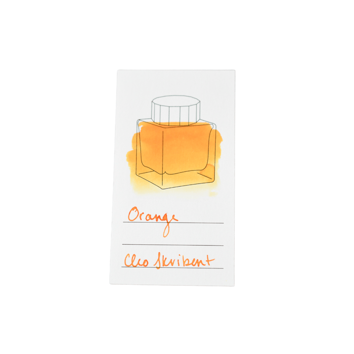 Cleo Skribent bottled fountain pen ink in vibrant orange, showing the ink bottle with orange ink inside.