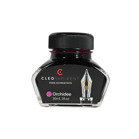 Cleo Skribent bottled fountain pen ink in Orchidee (Orchid) color, featuring a clear glass ink bottle with purple ink visible inside.