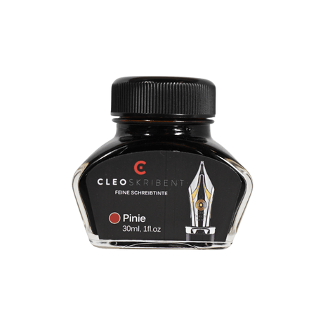 Cleo Skribent bottled fountain pen ink in Pinie (Pine) color, showing the glass ink bottle with ink inside.