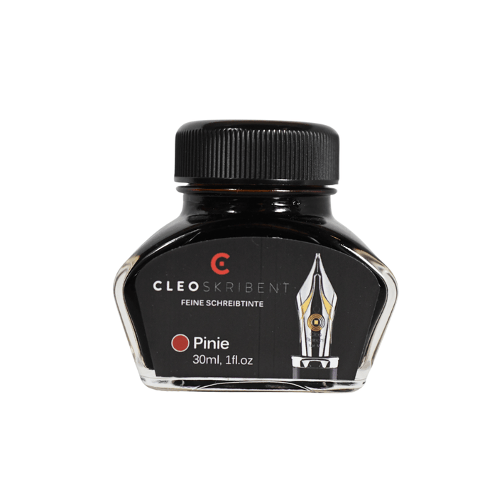 Cleo Skribent bottled fountain pen ink in Pinie (Pine) color, showing the glass ink bottle with ink inside.