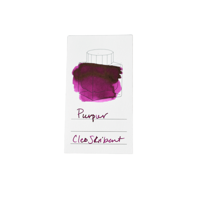 Cleo Skribent bottled fountain pen ink in Purpur purple, with a glass ink bottle and colorful ink inside.