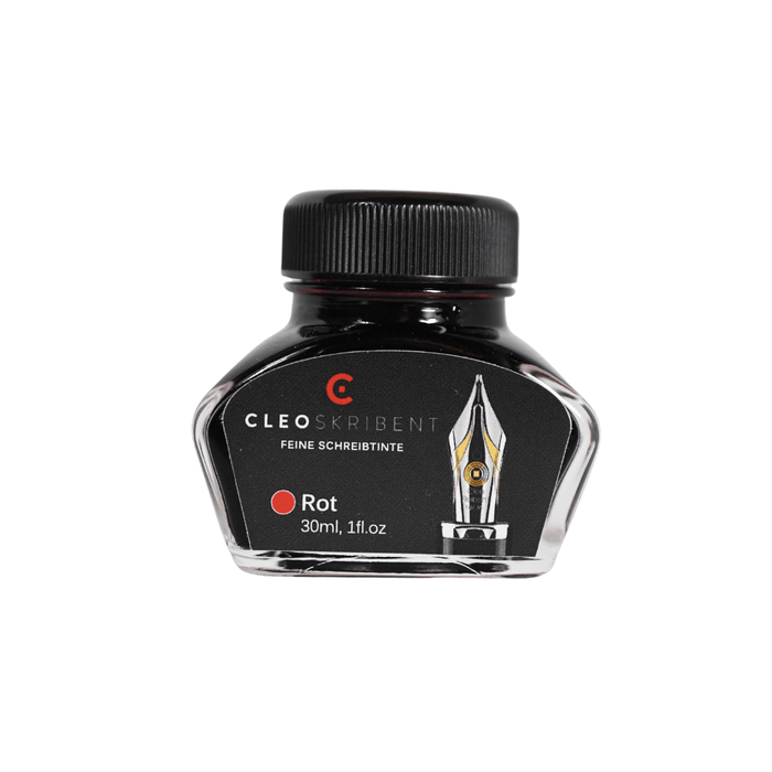 Cleo Skribent bottled fountain pen ink in vibrant red, shown in a glass ink bottle with a black cap.