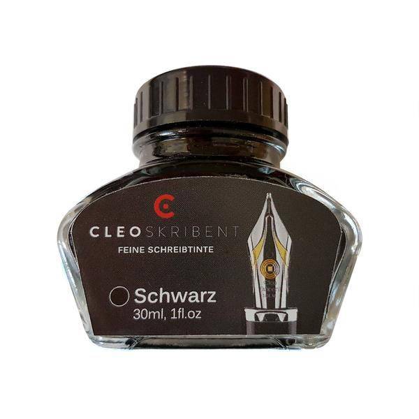 Cleo Skribent bottled fountain pen ink in Schwarz (black) with a clear glass ink bottle and black ink inside.