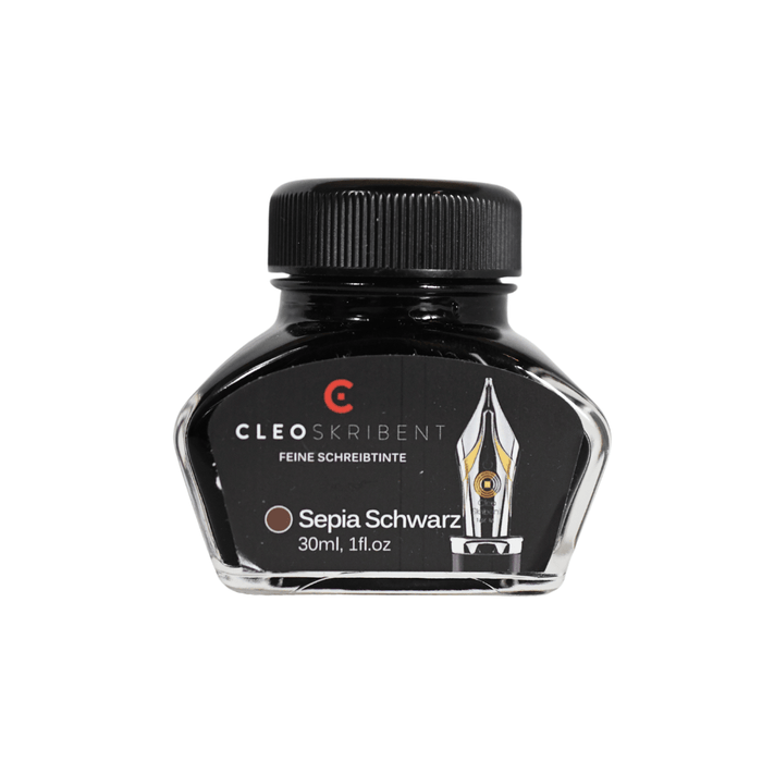 Cleo Skribent bottled fountain pen ink in sepia black, shown in a glass ink bottle with a black cap.