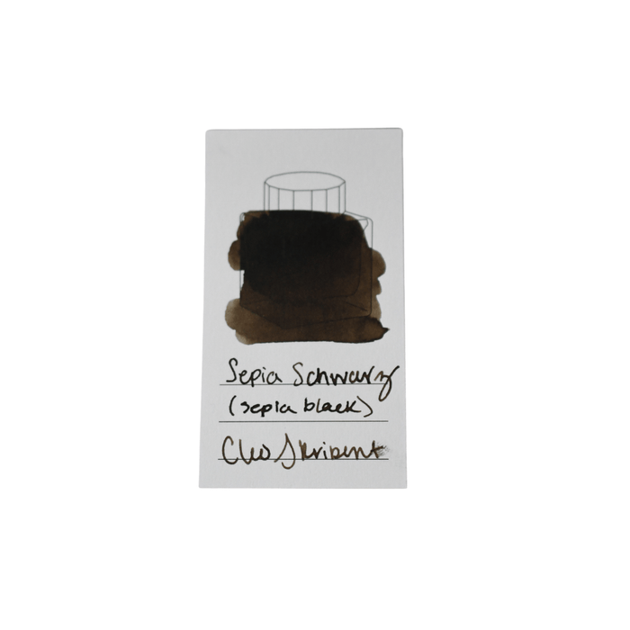 Cleo Skribent bottled fountain pen ink in sepia black, shown in a glass ink bottle with a black screw cap.