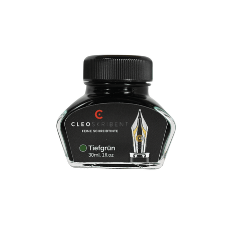 Cleo Skribent bottled fountain pen ink in deep green (Tiefgrun) with a glass ink bottle and label visible.