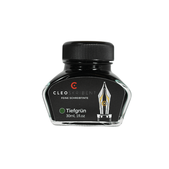 Cleo Skribent bottled fountain pen ink in deep green (Tiefgrun) with a glass ink bottle and label visible.