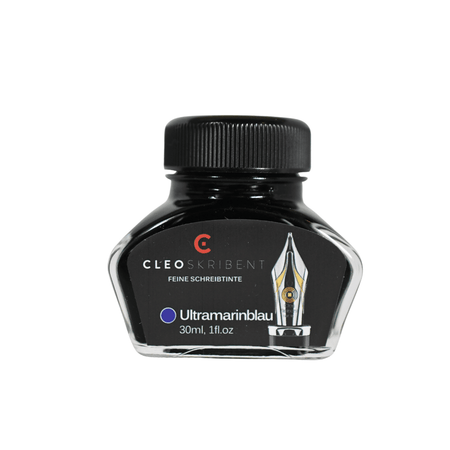Cleo Skribent bottled fountain pen ink in ultramarine blue, glass ink bottle with blue ink visible inside.