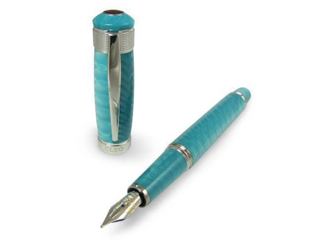 Cleo Skribent Aura Laguna Dragon rollerball pen with a sleek design and fine nib, featuring intricate dragon-themed details.