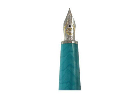 Cleo Skribent Aura Laguna Dragon rollerball pen with fine nib, featuring intricate design and elegant gold accents.