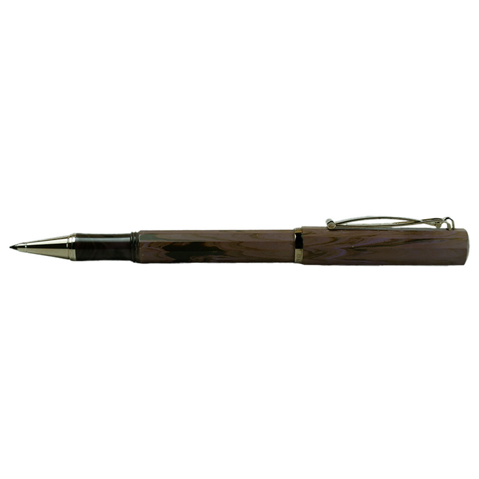 Cleo Skribent Natura rollerball pen with dark wooden barrel and silver accents, designed for smooth writing.