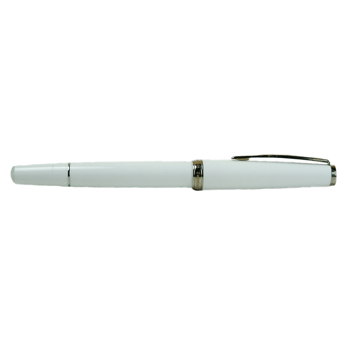 Open white Cleo Skribent Classic Palladium fountain pen with silver nib and piston mechanism, showcasing elegant writing instrument.
