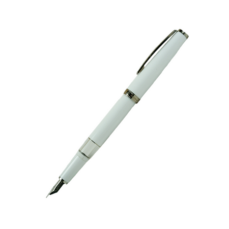 Cleo Skribent Classic Palladium fountain pen with white body and open piston mechanism, featuring a silver nib.