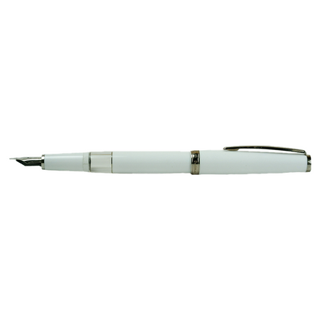 Cleo Skribent Classic Palladium fountain pen with white body and open silver nib, piston fill mechanism, elegant writing instrument