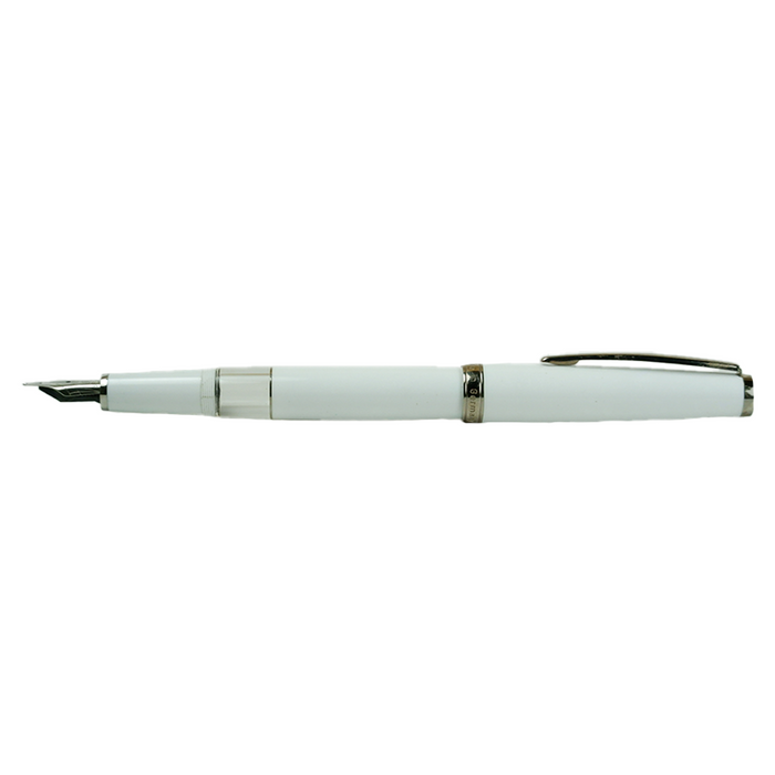 Cleo Skribent Classic Palladium fountain pen with white body and open silver nib, piston fill mechanism, elegant writing instrument