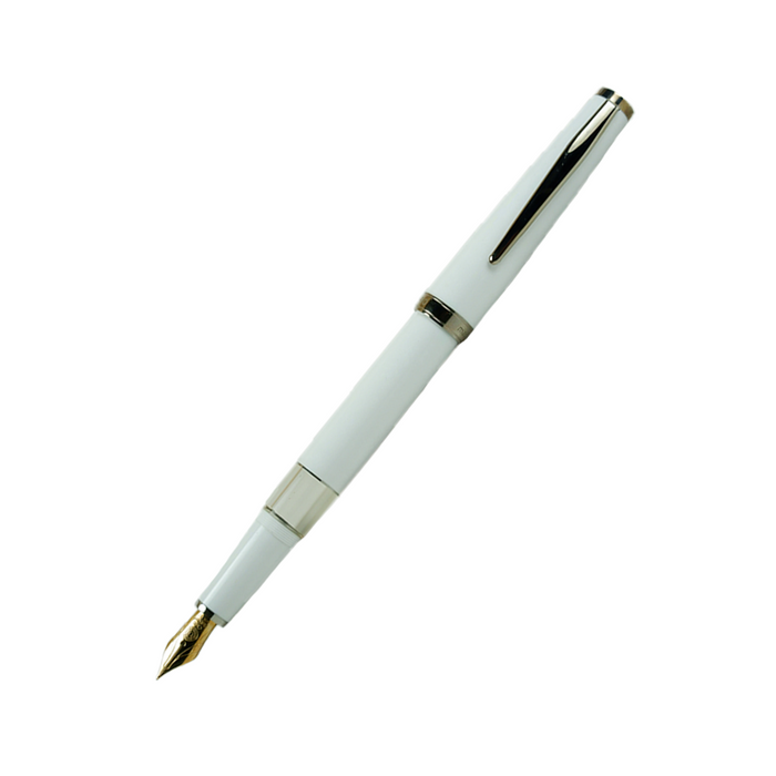 Open Cleo Skribent Classic Paladium fountain pen with white barrel, silver accents, and 14k gold nib, showcasing its elegant design.